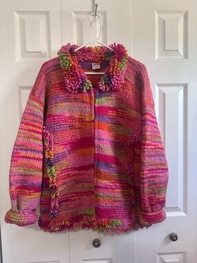 Multicolor Hand-Knit Cozy Jacket - Pink & Green